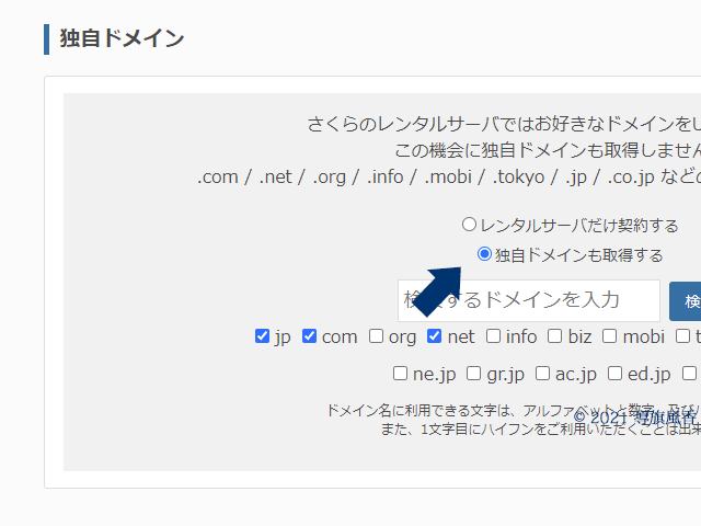 独自ドメインを持っていない場合は独自ドメインも取得するを選択します。