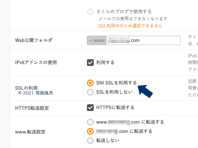 IPv6を利用する、SNI SSLを利用する、HTTPSに転送する、.comに転送する、を選択しました。