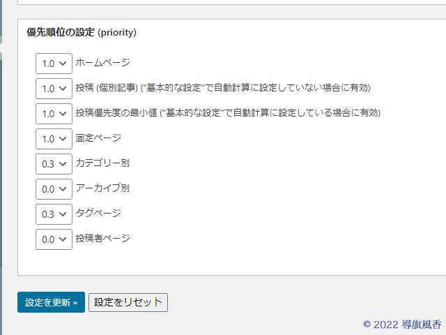 よく執筆および加筆修正するところは1.0に、その他は低い数値にしました。