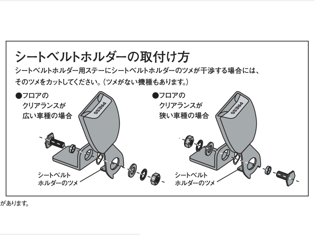 メーカーによるシートベルトホルダーのシートレールへの取り付け方です。