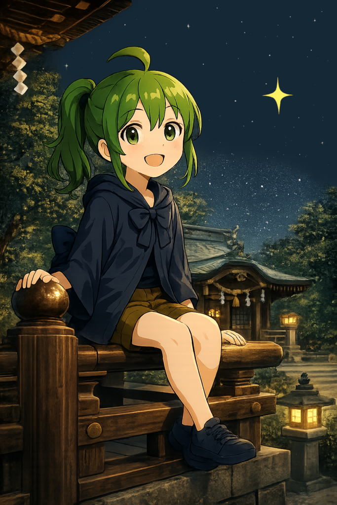 神社の高欄に座る風香